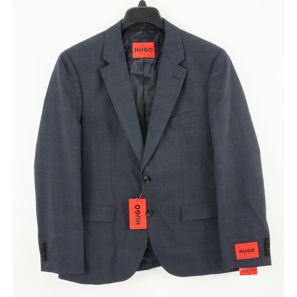 New $495 Hugo Boss Super Flex Transseasonal Mens 38R Dark Blue Plaid Suit Jacket